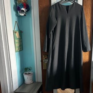 Muji Charcoal Grey Split-neck Long-Sleeve Dress (Brushed)